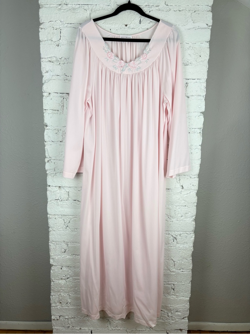 Vintage Shadowline Romantic Pink Floral Embroidered Nightgown Mumu Dress 3X